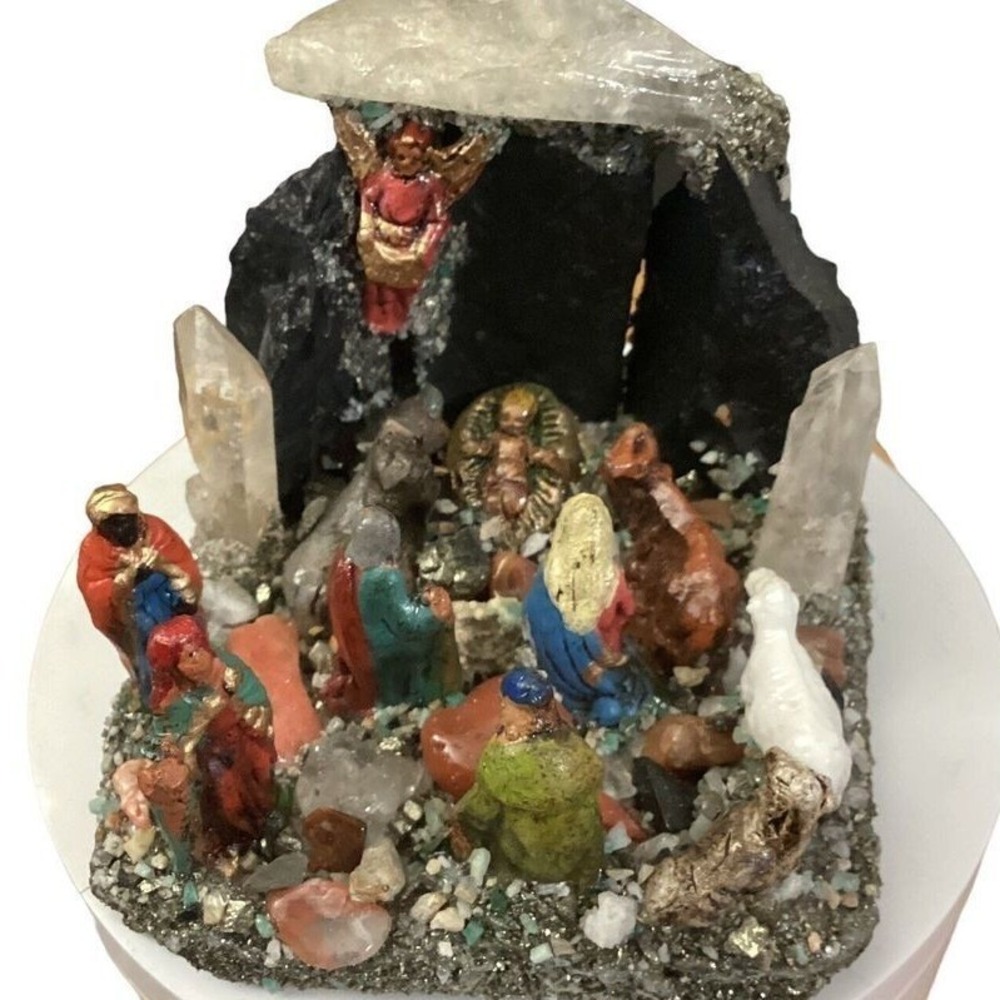 Miniature Crystal Nativity Scene Pyrite Quartz Mineral Specimen Grotto 3x3x3 in